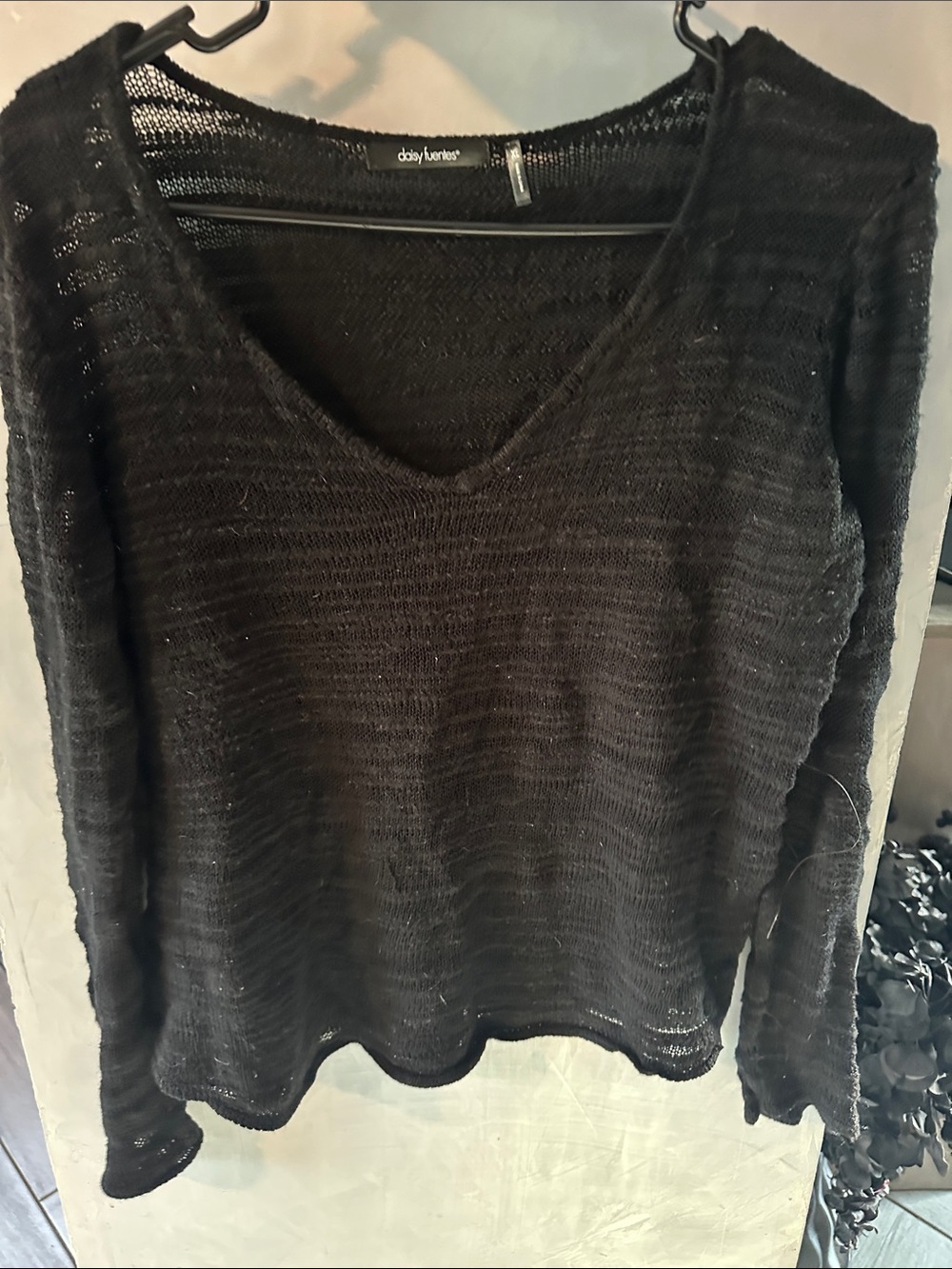 Daisy Fuentes Black Open-Knit V-Neck Sweater